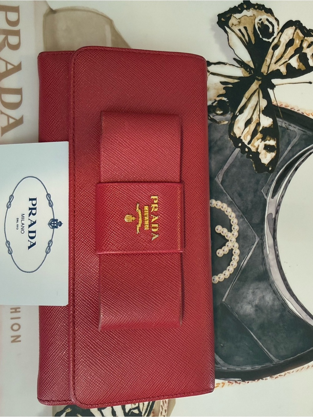 Prada Hot Pink Saffiano Leather Bow Wallet with Gold Logo